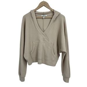 Three Dots Taupe Waffle Knit Hooded Crop Henley XS Oversized V-neck
